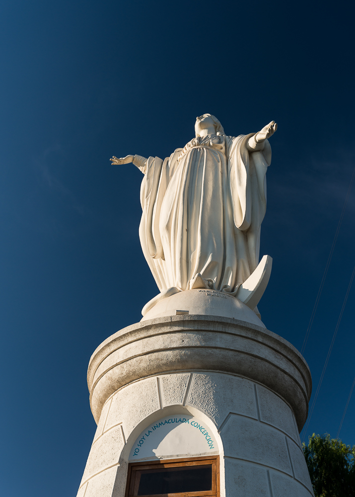 Statue of the Virgen de la Inmaculada, Cerro San Cristóbal at dusk, Santiago, Chile