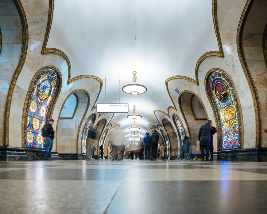 Interior of Novoslobodskaya Metro Station, Moscow, Moscow Oblast, Russia